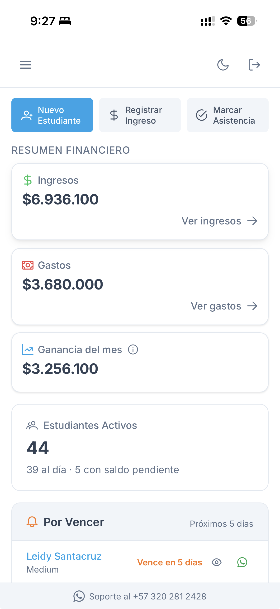 App de QueFluya: resumen financiero, ingresos, gastos, ganancia del mes y estudiantes activos